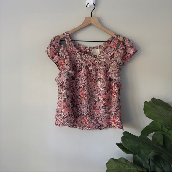 Maeve Anthropologie Cold Shoulder Top Short Sleeve Floral Print Button Keyhole S - Picture 9 of 9